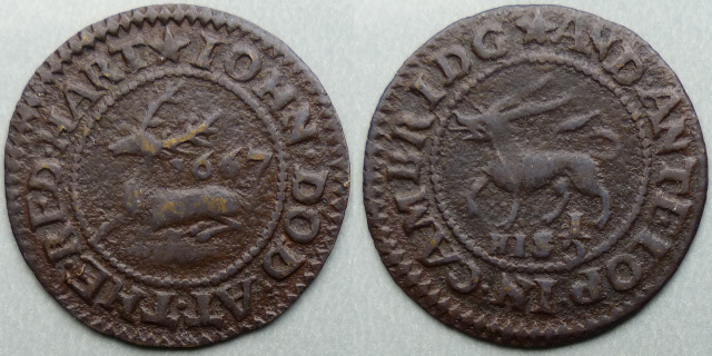 Cambridge, John Dod AT THE RED HART AND ANTELOP 1667 halfpenny